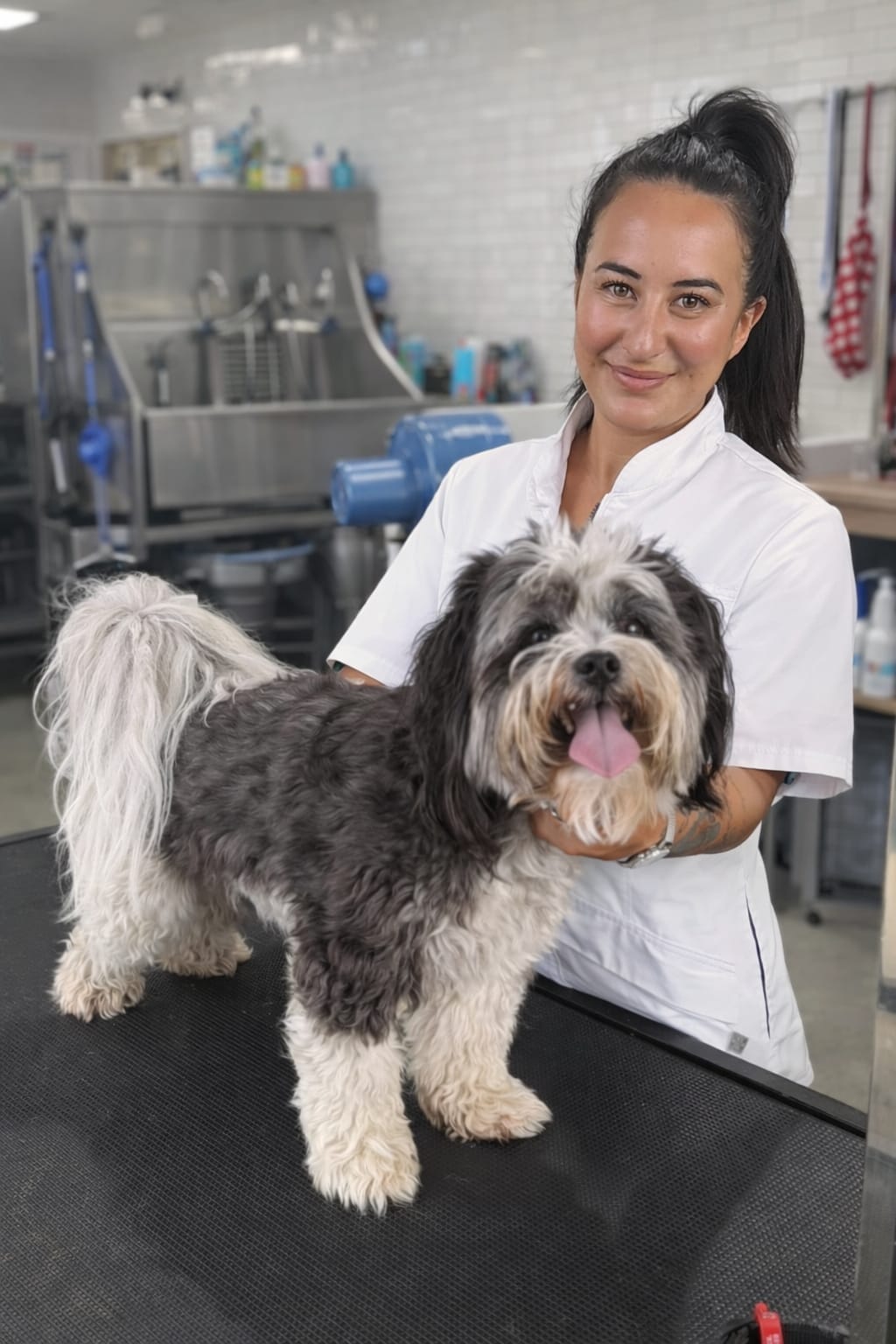 A dog receiving a full major groom with scissor finish at Tūi & Chief
