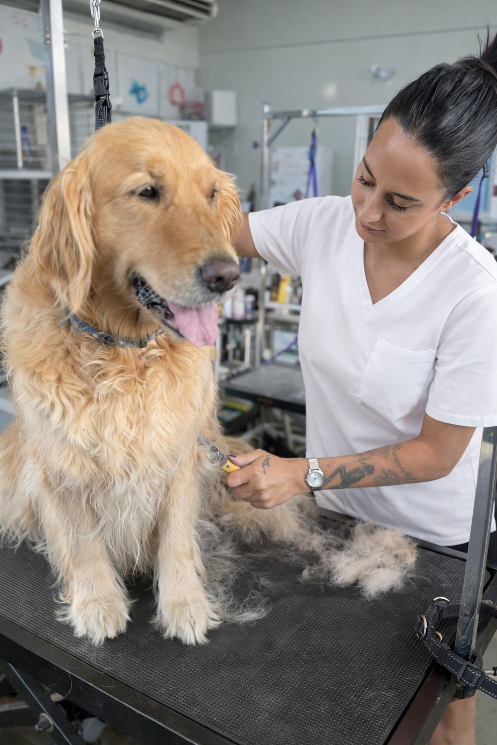 A dog receiving a full major groom with scissor finish at Tūi & Chief